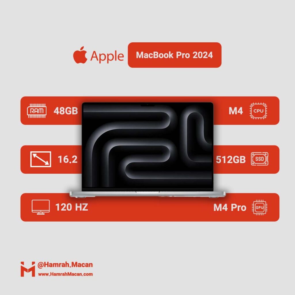 مشخصات لپ تاپ 16.2 اینچی اپل مدل MacBook Pro MX2U3 2024 LLA-M4 Pro-48GB RAM-512GB SSD