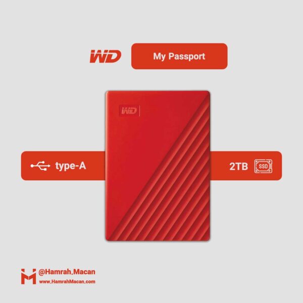 مشخصات هارد اکسترنال قابل حمل برند وسترن دیجیتال با ظرفیت 2 ترابایت، مدل My Passport، قابلیت ‌پشتیبان‌گیری خودکار فایل‌ها، سیستم رمزگذاری 256 بیتی، سازگار با سیستم عامل‌های ویندوز، mac os و لینوکس، دارای رابط USB3.0، سرعت انتقال داده‌ها 5 گیگابیت بر ثانیه