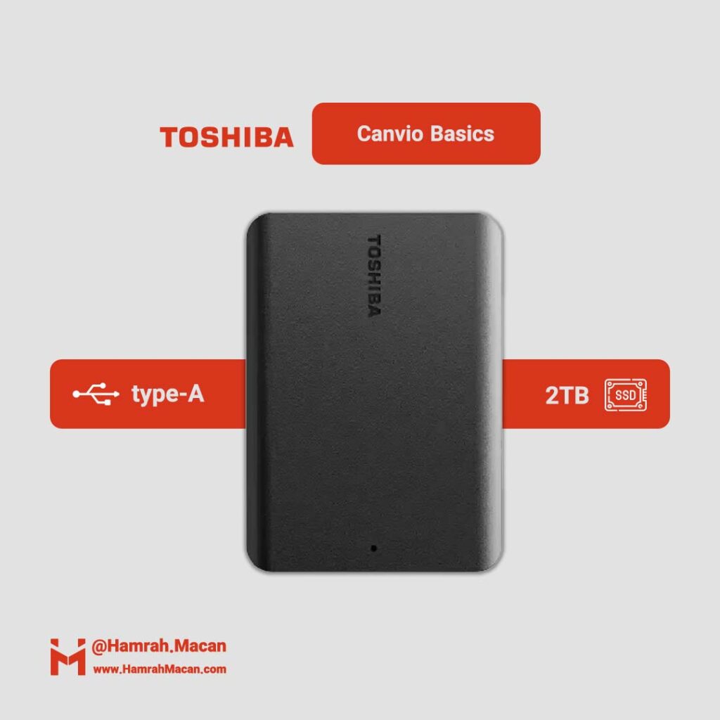 مشخصات هارد اکسترنال قابل حمل برند توشیبا با ظرفیت 2 ترابایت، مدل Canvio Basics USB3.2، دارای نشان‌گر LED، سازگار با Windows و Mac، دارای رابط USB 3.2، سرعت انتقال داده‌ها با USB 3.2 پنج گیگابیت بر ثانیه و با USB 2.0 با سرعت 480 مگابیت بر ثانیه