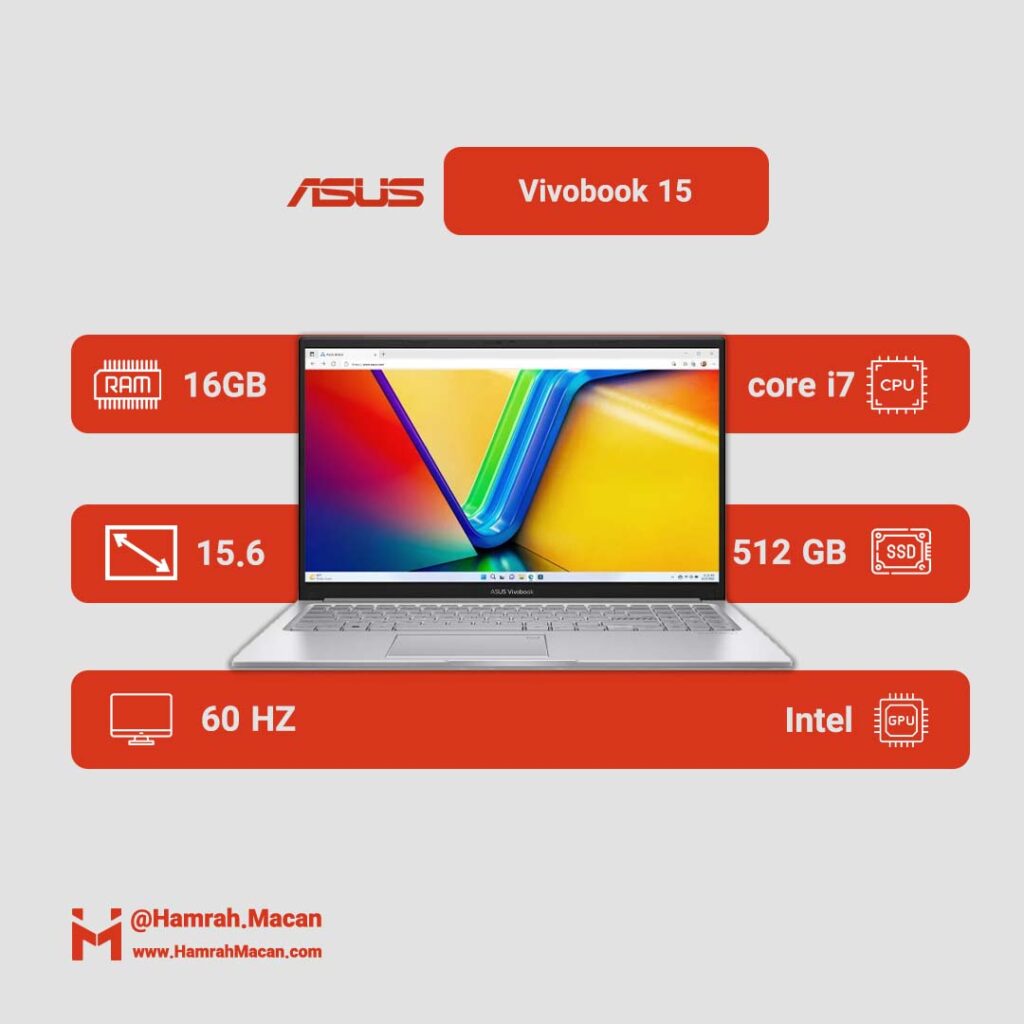 مشخصات لپ تاپ 15.6 اینچی ایسوس مدل Vivobook 15 F1504VA-NJ826-i7 1355U 16GB 512SSD TN Fingerprint Backlit