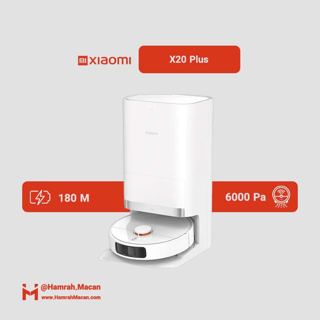 مشخصات جارو رباتیک شیائومی مدل Robot Vacuum X20 Plus، مدل X20 Plus، با موتور براش‌لس و مکش 6000 پاسکال، پوشش 180 مترمربع در هر شارژ و فیلتر HEPA، با قابلیت تی‌کشیدن، نظافت نقاط کنج، دارای پایه‌ شارژبا قابلیت تخلیه زباله، شستشوی پد تی