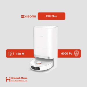مشخصات جارو رباتیک شیائومی مدل Robot Vacuum X20 Plus، مدل X20 Plus، با موتور براش‌لس و مکش 6000 پاسکال، پوشش 180 مترمربع در هر شارژ و فیلتر HEPA، با قابلیت تی‌کشیدن، نظافت نقاط کنج، دارای پایه‌ شارژبا قابلیت تخلیه زباله، شستشوی پد تی
