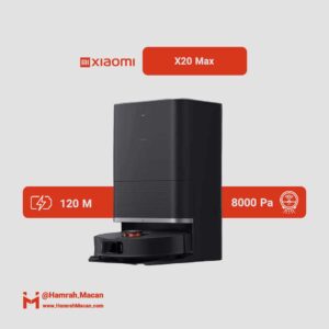 مشخصات جارو رباتیک شیائومی مدل X20 Max با موتور براش‌لس و مکش 8000 پاسکال، پوشش 200 مترمربع در هر شارژ و فیلتر HEPA، با قابلیت تی‌ کشیدن، نظافت نقاط کنج، دارای پایه‌ شارژ با قابلیت تخلیه زباله، شست‌وشوی پد تی، اتصال به آب شهری